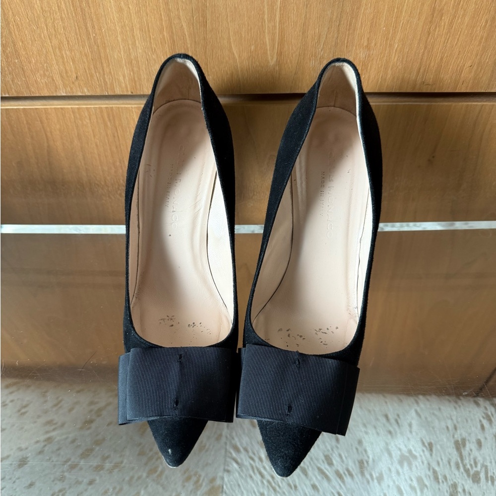 Pre-Loved Elegant Black Women's Club Monaco Suede Heels with Bow - Size 37